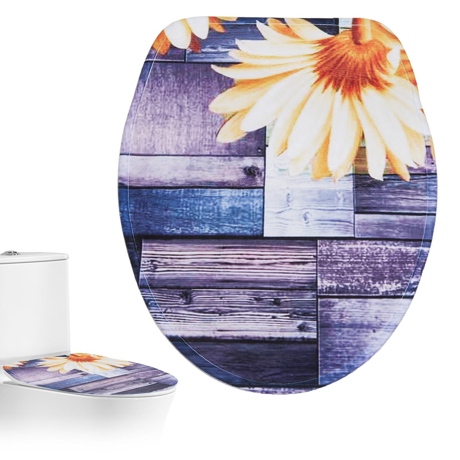 NICENEEDED Polyester Toilet Lid Cover, Wood Print Sunflower Toilet Lid Covers Soft Toilet Seat Cover