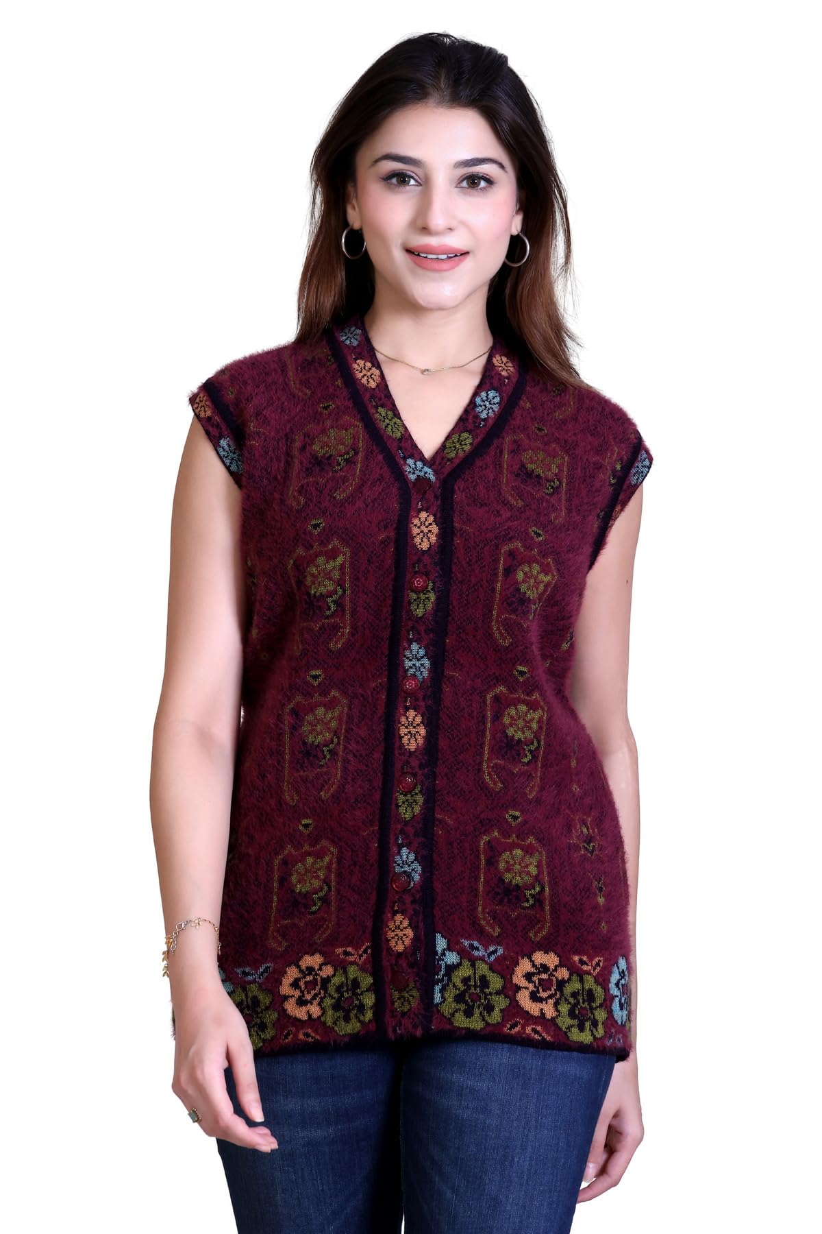 aarbee Floral Knit Sleeveless Woollen Cardigan for Women with Pockets-picture-18