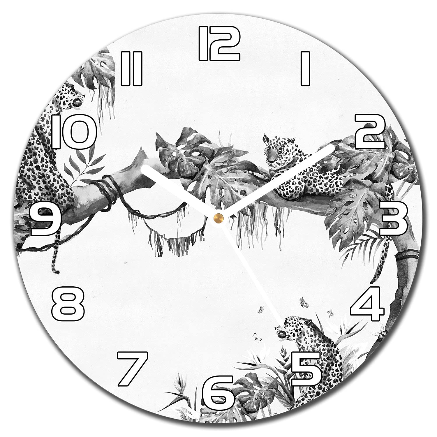 Horloge en verre 30 cm Coloray moderne avec aiguilles blanches et motif guépard