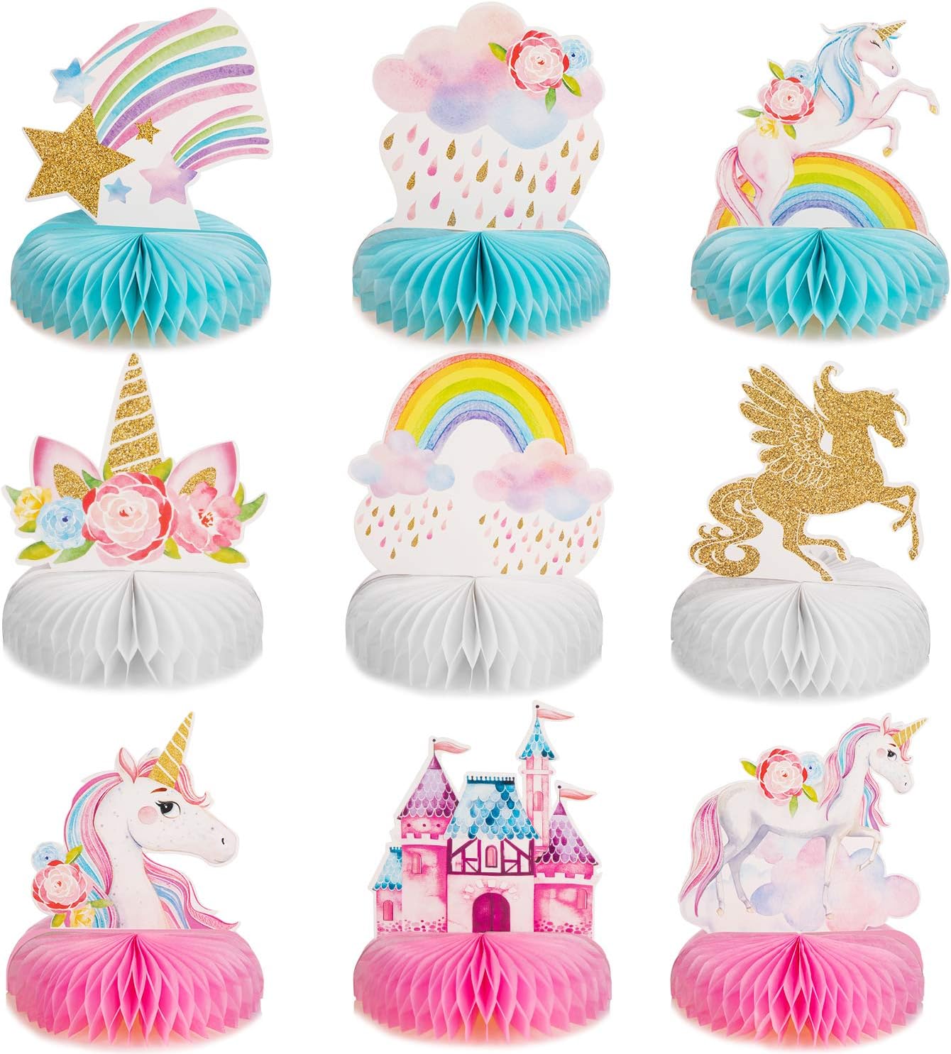 Outus 9 Pieces Unicorn Birthday Party Supplies Rainbow Honeycomb Centerpiece Table Decorations for Unicorn Party Decorations