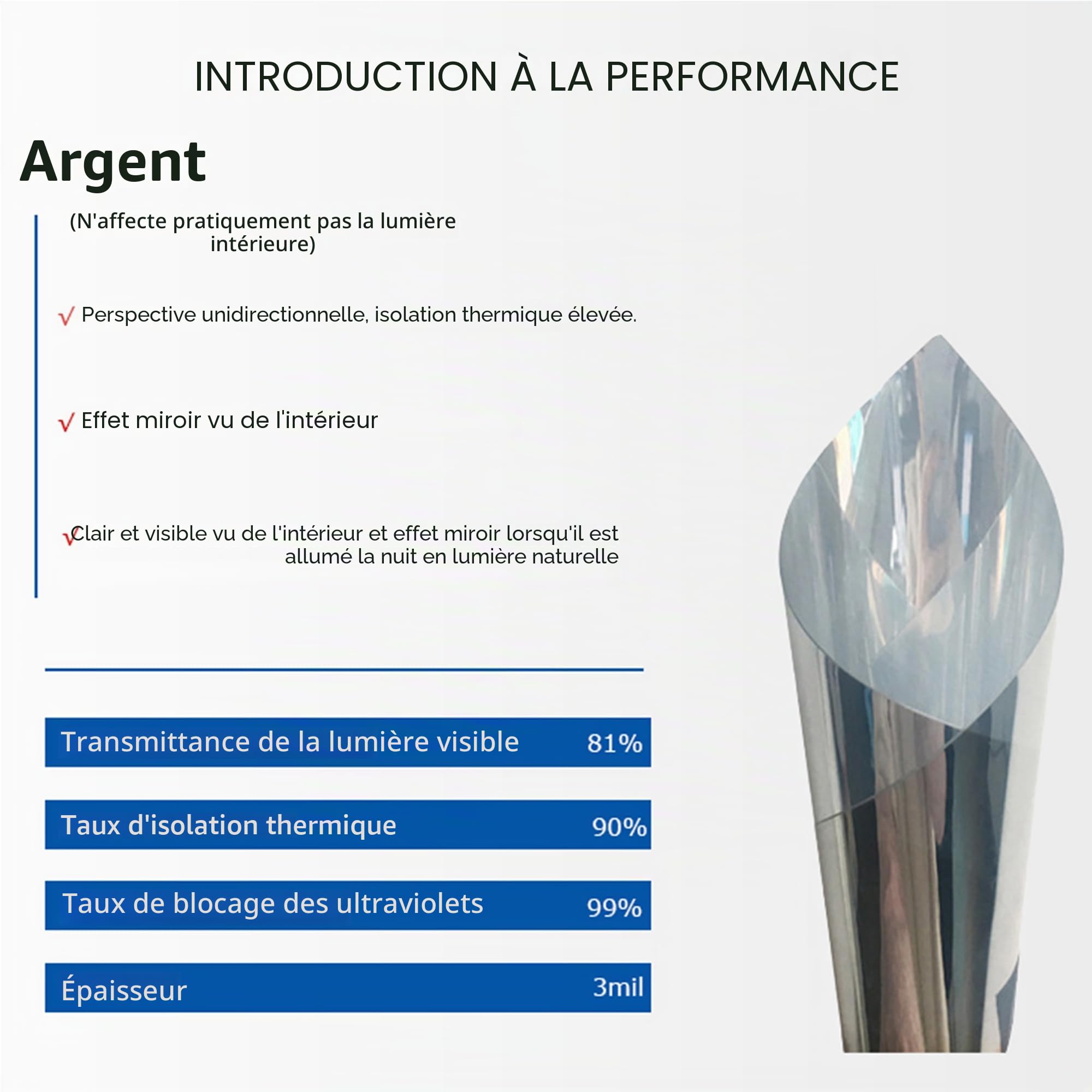 Film Miroir Fenêtre sans Tain Anti Regard UV Chaleur - Protection 99% de la Vie Privée pour Maison Bureau Magasin (60x400cm)