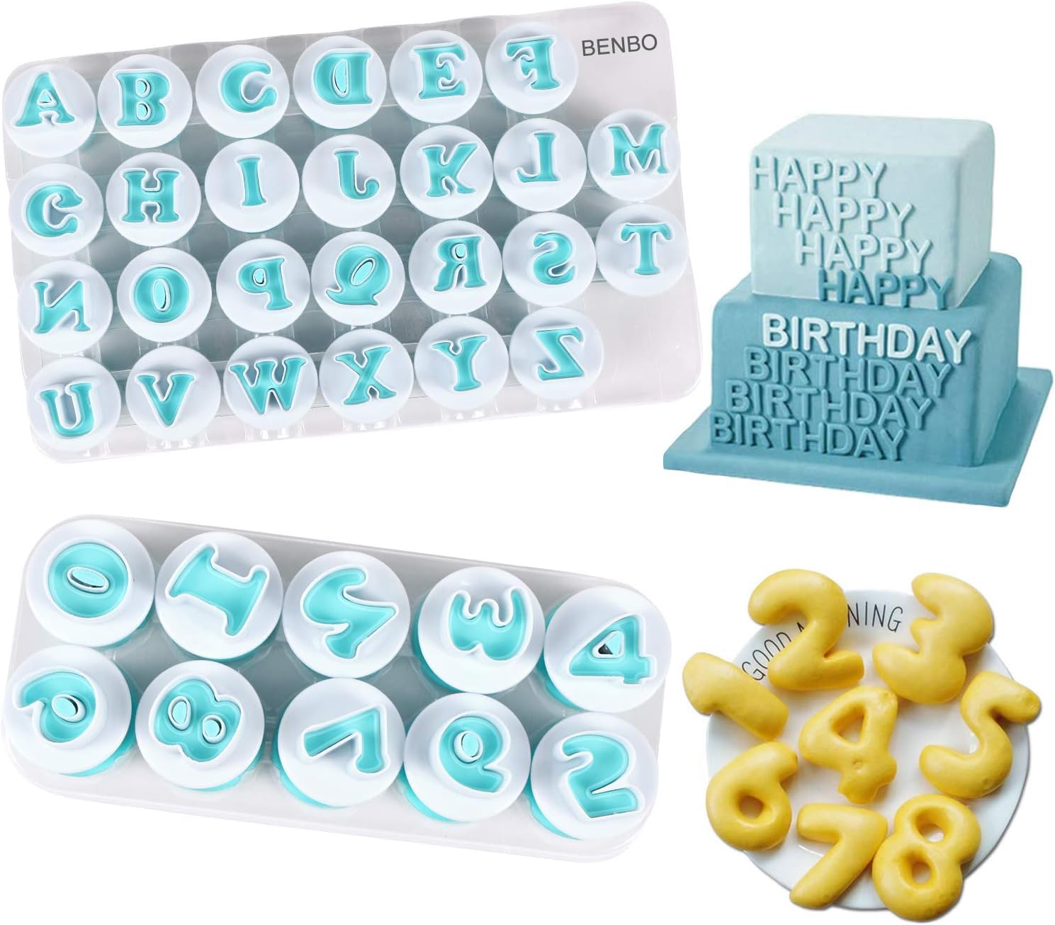 BENBO Buchstaben- und Zahlen-Kuchenform-Set, 36-teilig, für Fondant, Kuchen, Zucker, Basteln, Kekse, Stempel, Prägestempel, Plunger Plunger Keksausstecher