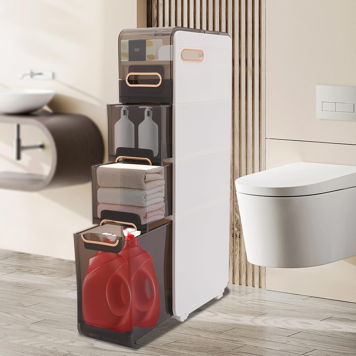 Bathroom Floor Cabinet Tall Narrow Storage Organizer with Top Flip-Open Cover Toilet Paper Holder for Toilet Side Freestanding Bathroom Shelves Storage Cabinet Unit for Bath Tissue Supplie