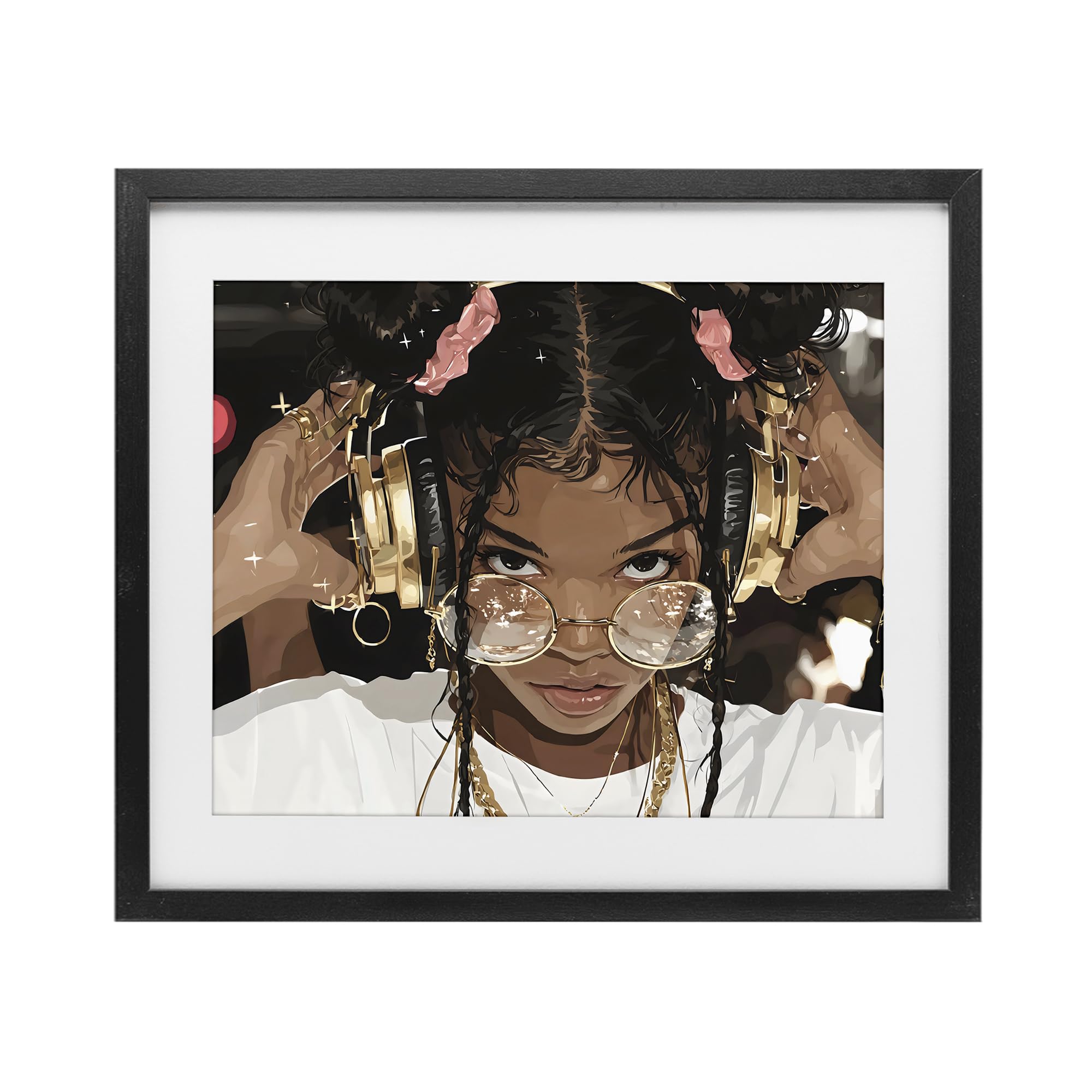 Affiche encadrée « Trendy Girl with Gold Headphones, 43,2 x 53,3 cm » sous