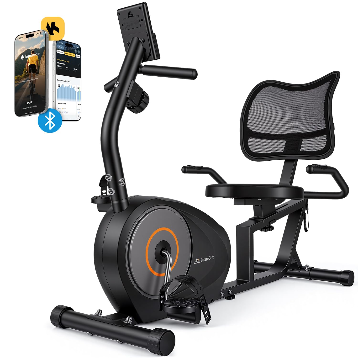 StoneGrit Recumbent Exercise Bike for Home with App Connectivity, Silent Magnetic Resistance Stationary Bike for Adults Seniors with LCD Monitor, Heart Rate Handle