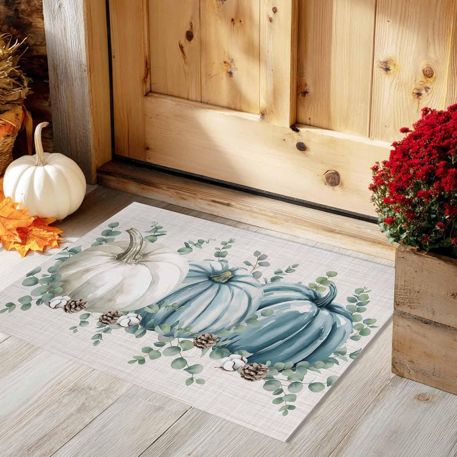 Thanksgiving Front Door Mat for Indoor Entrance 18x30 Inche, Blue Pumpkin Green Eucalyptus Leaves Fall Absorbent Doormat Washable Carpet for Bathroom/Garage/Kitchen/Entry/Back