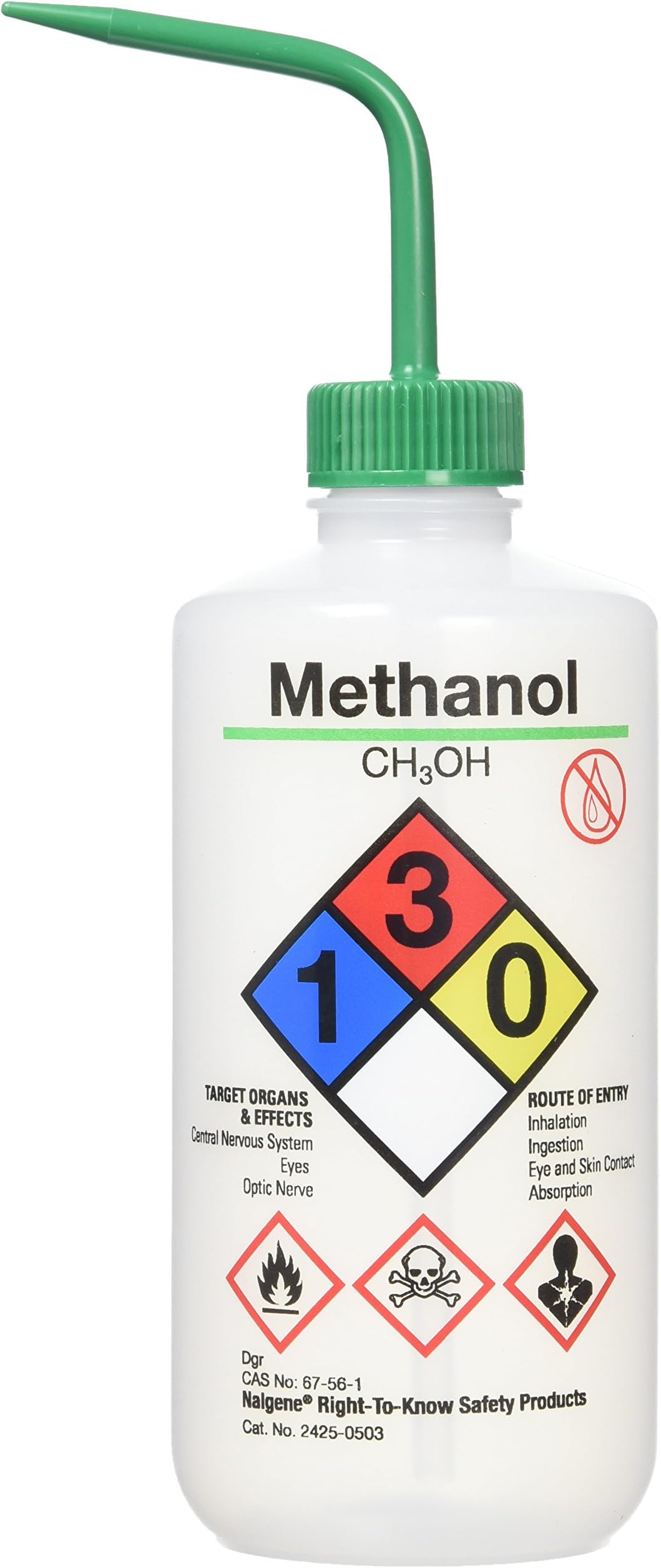 Nalge 028977 Wash Bottle 500 ml with Cap Spout, Labelled Methanol, Green Colour Cap (Pack of 6)