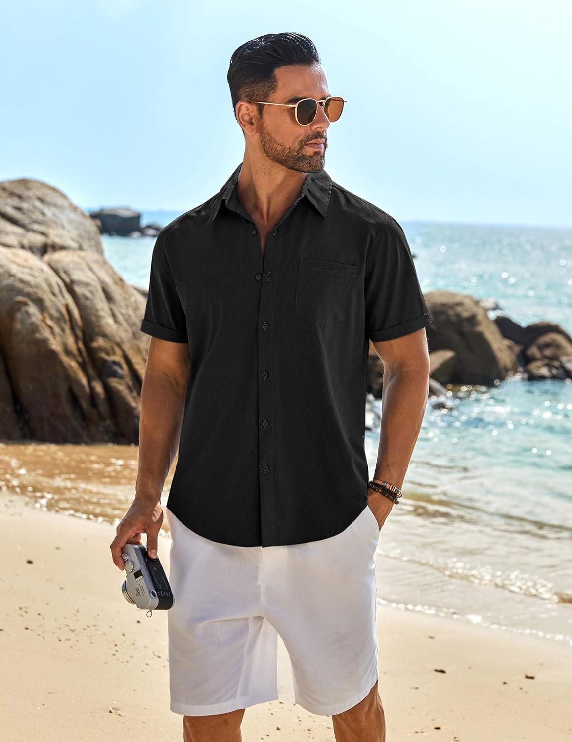 COOFANDY Mens Linen Shirt Short Sleeve Button Down Casual Plaid Summer Beach Black - Image 2