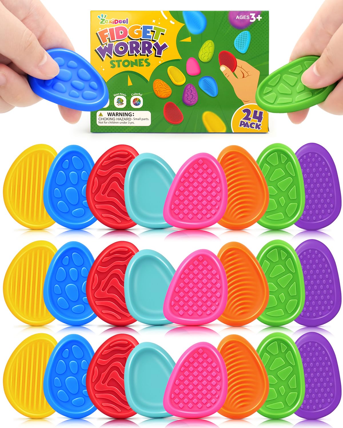 Fidget Toys Kids Sensory Stone: 24 Pack Textured Worry Stone for Autism Kids Calming Down - Silicone Fidget Stress Toys for Stress Relief - Small Classroom Prizes Fidget Toy