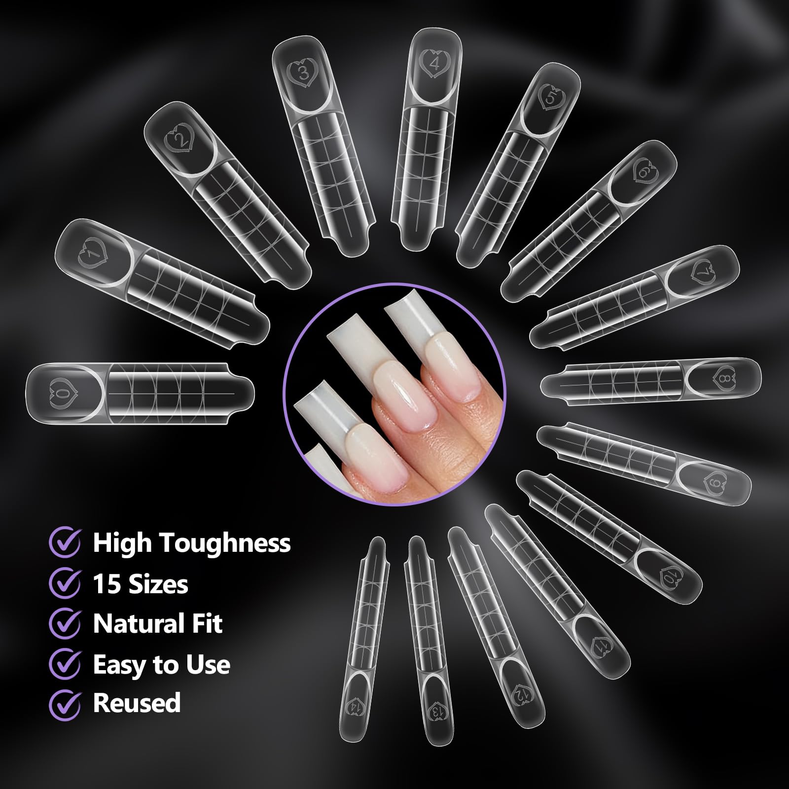 TOROKOM Formy 3D Space French Dual Nail Forms, 150 sztuk francuskich form przedłużających paznokcie, 15 rozmiarów, wielokrotnego użytku, do żelu, żelu budowlanego, przedłużania paznokci DIY i studia