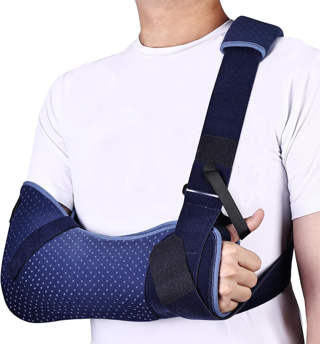 Cabestrillo de brazo para lesiones de hombro con correa para la cintura - Soporte inmovilizador para dormir, cirugía del manguito rotador (versión cómoda, derecha, mediana, 28.5-41 pulgadas)