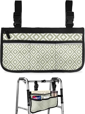 Sage Green Geometric Wheelchair Side Bag Walker Bag, White Block Modern Abstract Art Wheelchair Accessories Armrest Pouch, Organizer Storage Bag for Walkers, Rollators, Scooters, 7.3''x13''