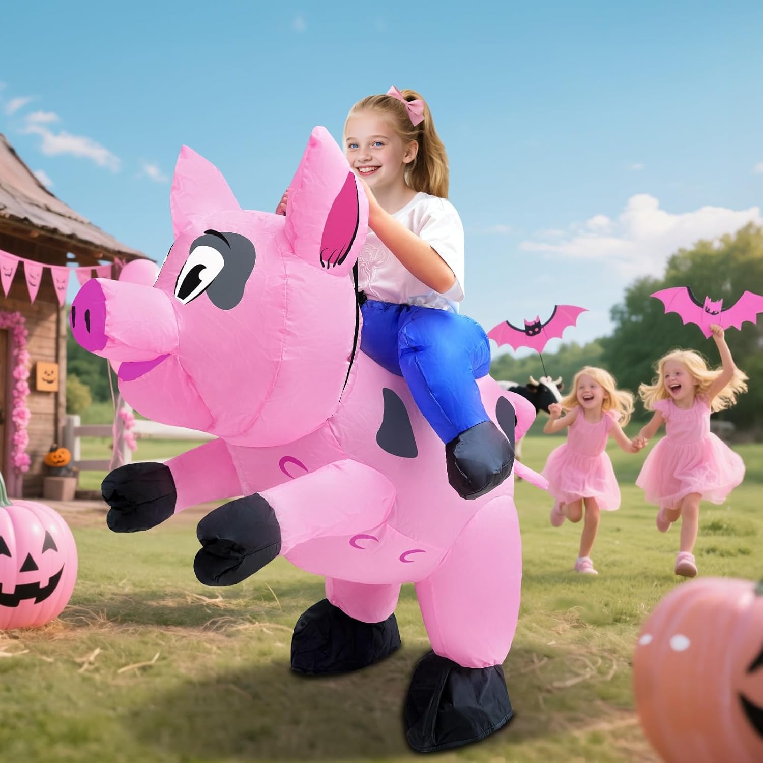Camlinbo Halloween Inflatable Pig Costume for Kids, Blow Up Costume Ride on Pink Pig Funny Animals Rider Costumes for Girls Boys Halloween Cosplay Party