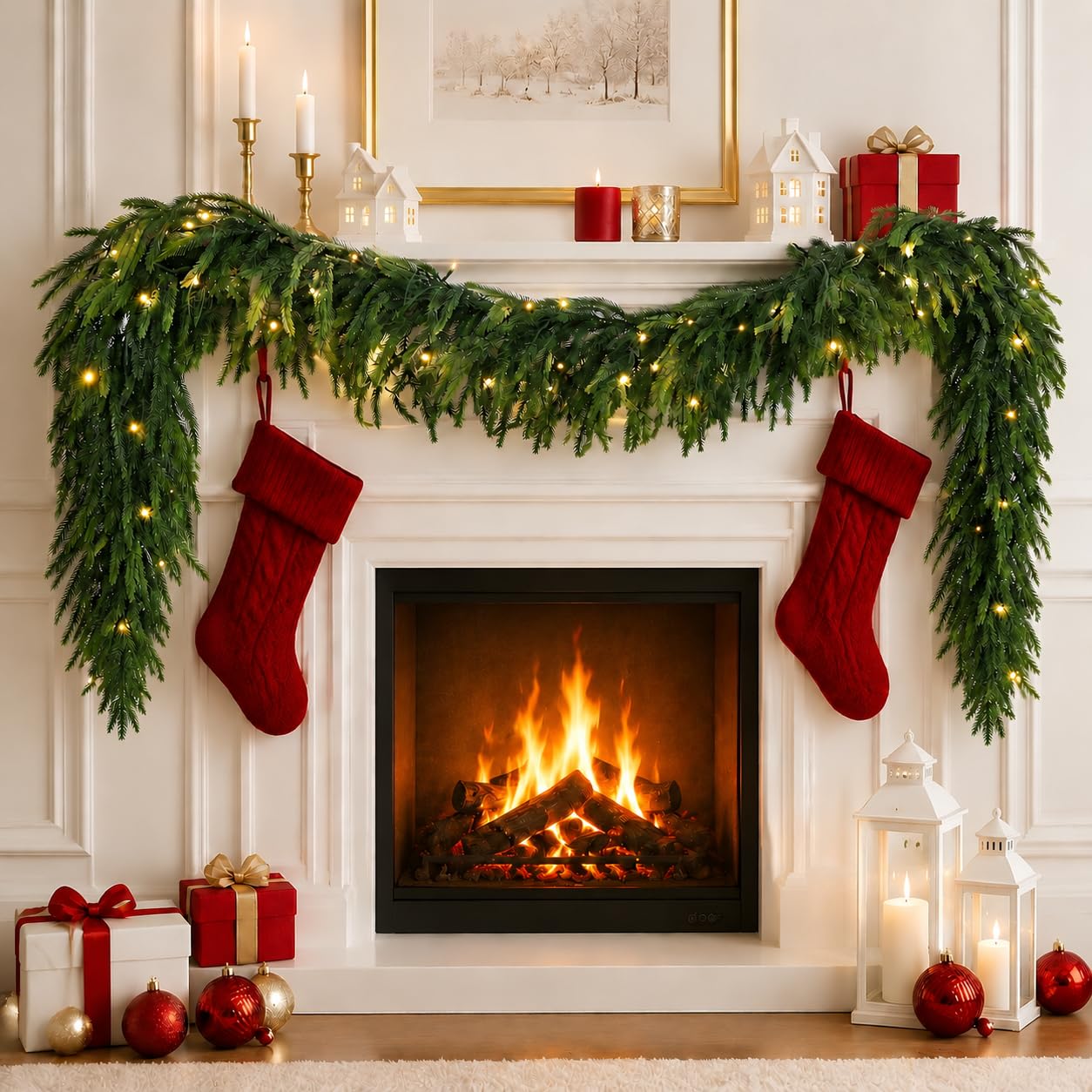 6FT Norfolk Pine Christmas Garland with Lights, Xmas Artificial Garlands Faux Greenery for Fireplace Stairs Mantle Table Home Indoor Outdoor Holiday Decoration