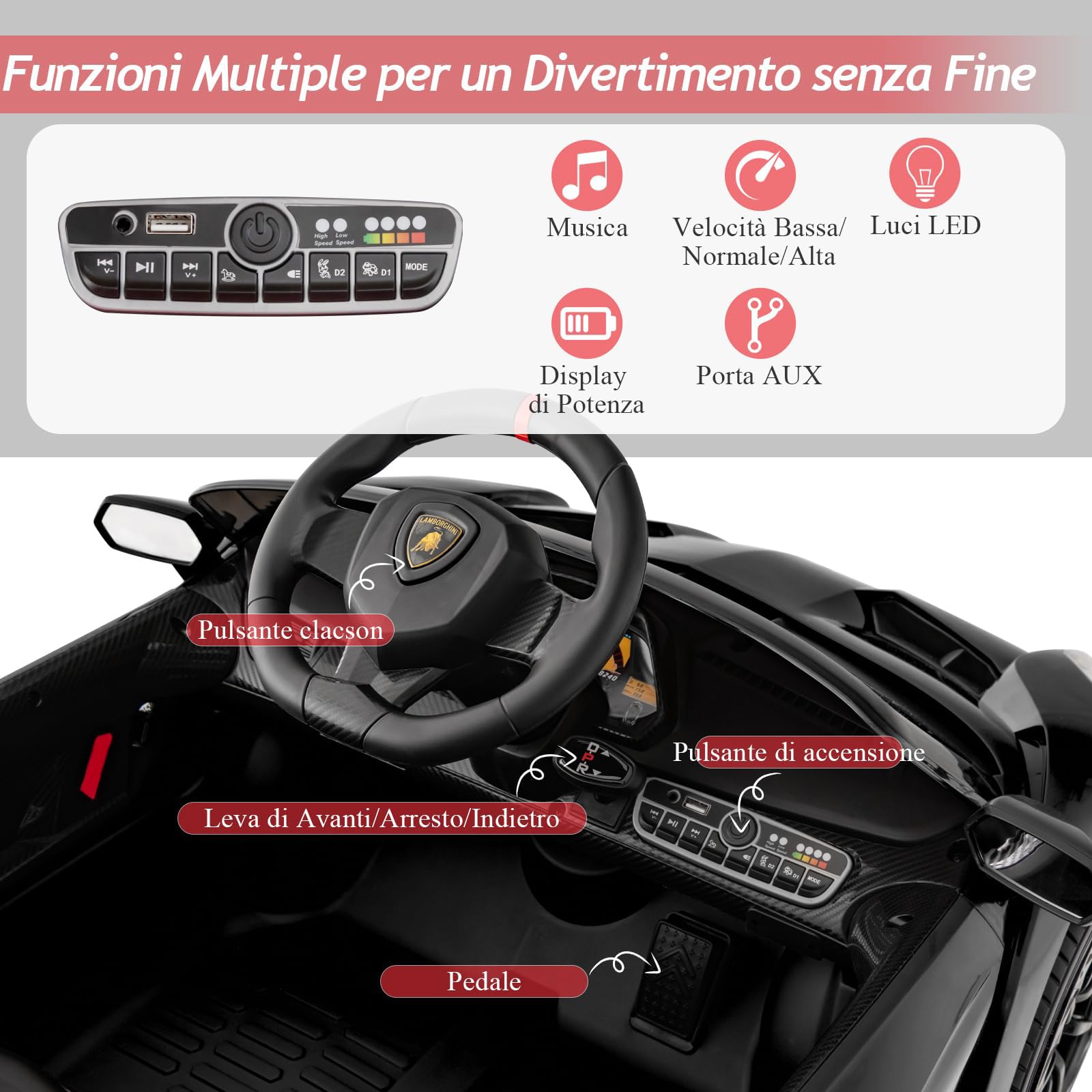 RELAX4LIFE Macchina Elettrica per Bambini, Lamborghini da 12 V con porta idraulica, auto elettrica con telecomando, MP3 e luce LED, veicoli elettrici per bambini(NERO)