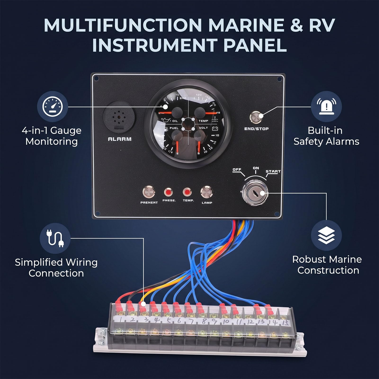 Cocoarm Panel de Instrumentos para Barcos Grupo de Indicadores Marinos de Metal y Plástico 12 V 4 en 1 Presión de Aceite Voltímetro de Temperatura del Agua Pantalla de Nivel de Aceite para Yates RVs