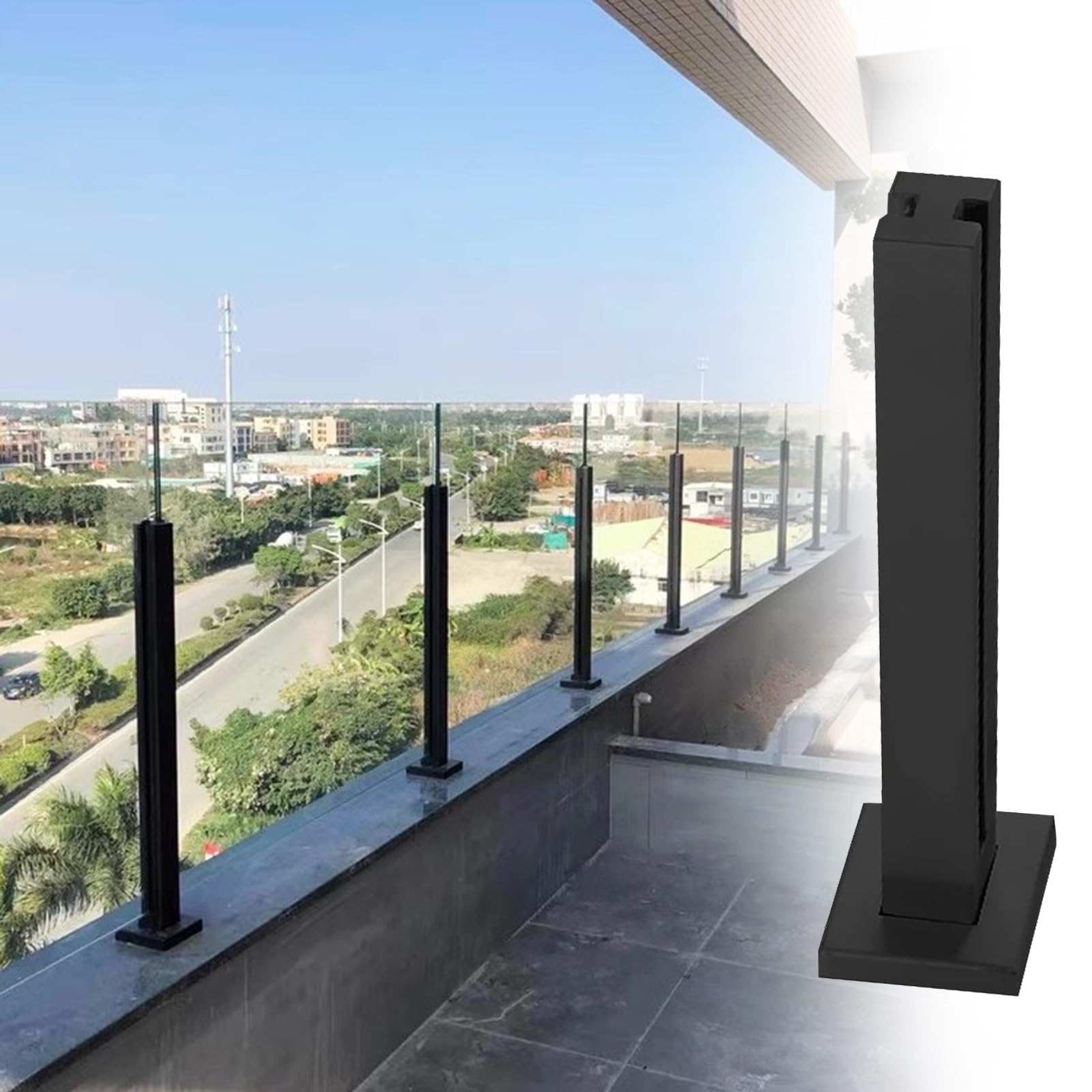 Poteau de garde-corps en verre robuste noir mat de 105 cm avec fixations au sol