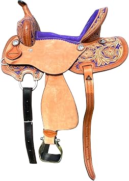 Pony Kids Barrel Horse Roughout Leather Saddle Suede Seat 8" to 18" Seat Sizes Floral Tooled Saddle with Silver Conchos