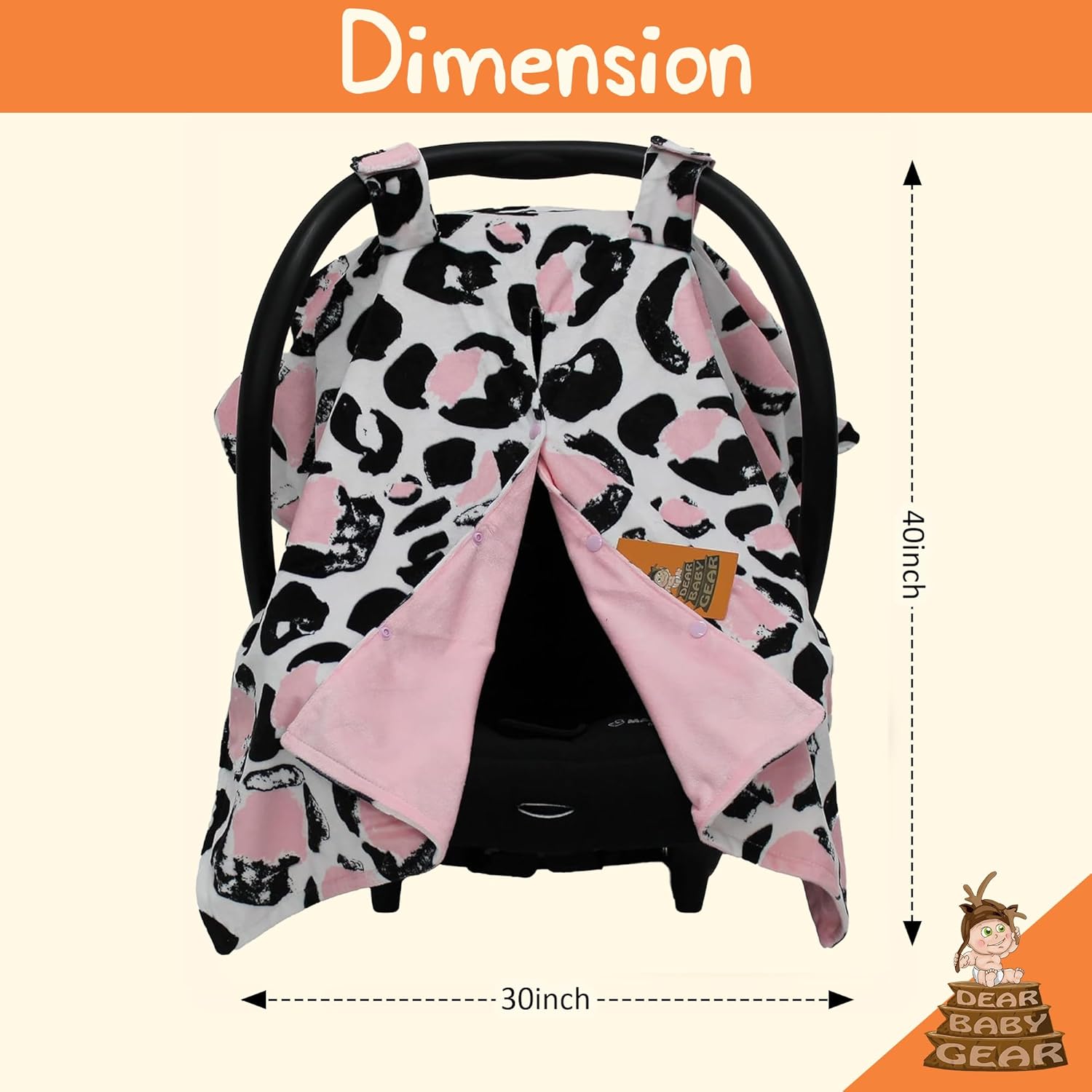 Dear Baby Gear Car Seat Canopy, Pink and Black Cheetah Print on White, Lightweight Double Layer