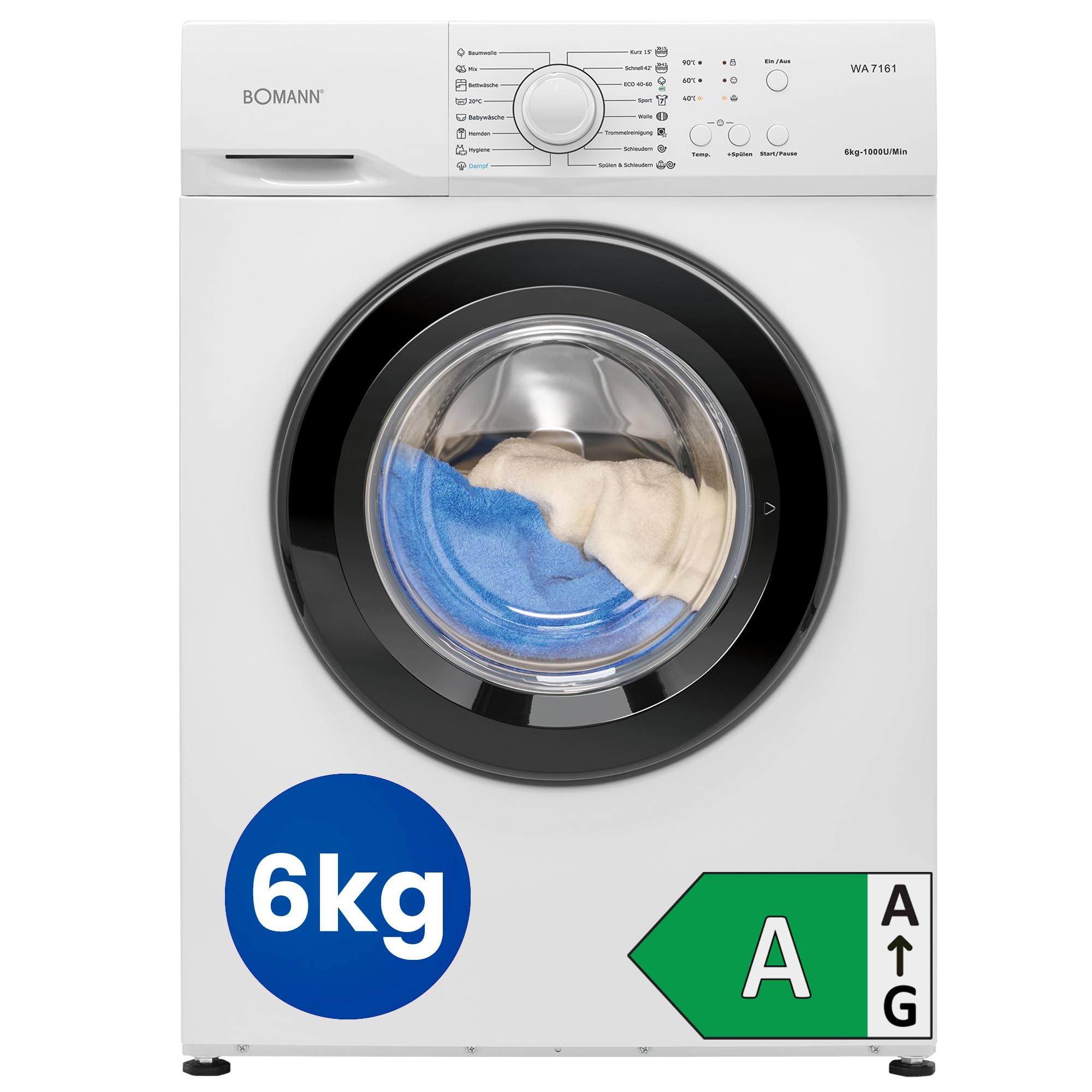 Bomann® Waschmaschine 6kg | max. 1000 U/Min. | Bürstenloser DC-Motor: effizient leise und langlebig | Temperatur bis zu 90°C | 16 Programme | Washing Machine | Waschmaschine 45 cm tief | WA 7161