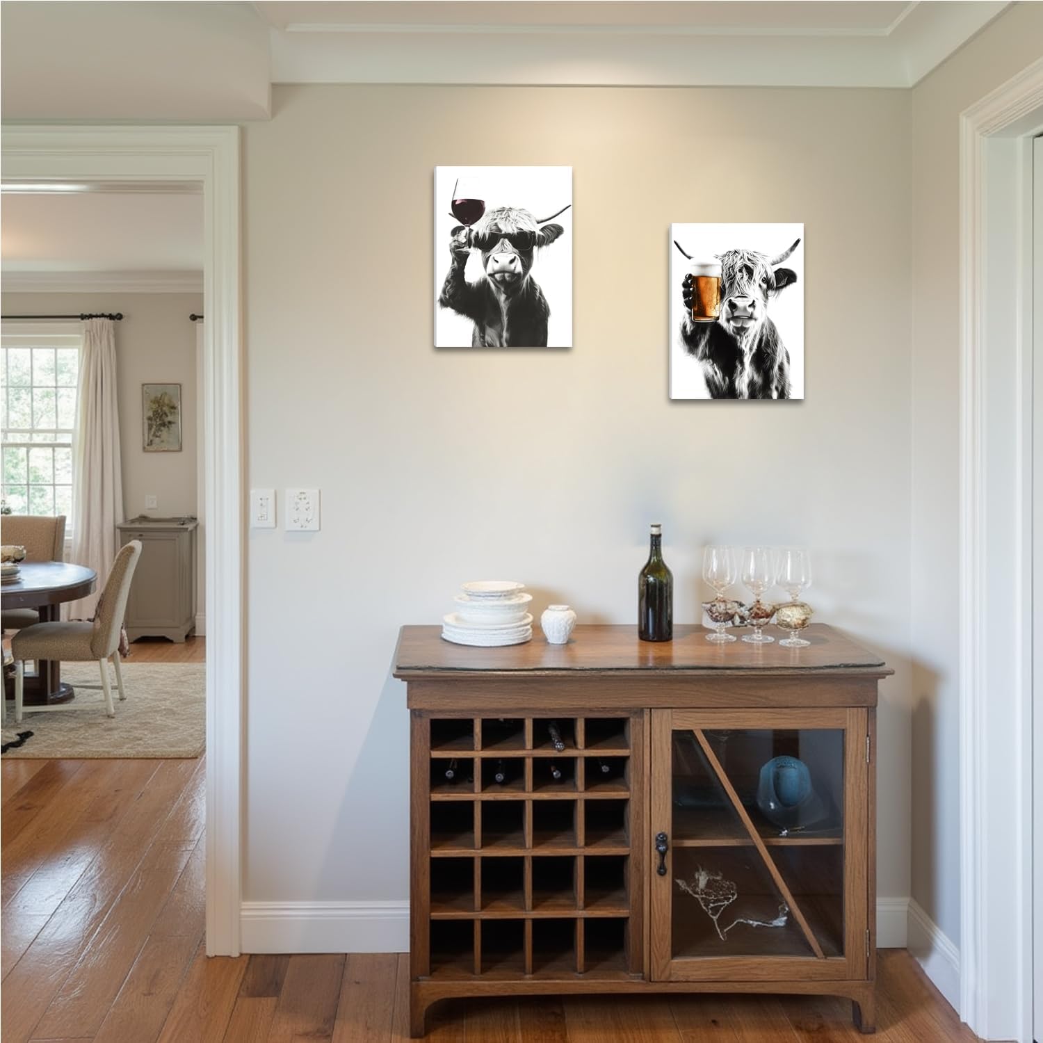 Funny Highland Cow Canvas Wall Art Set of 3, Black and White Cow Wall Decor Paintings, Farm Animal Poster Pictures Prints Vintage Rustic Farmhouse Home Decor for Bar Kitchen Dining Room 16x24 Inch