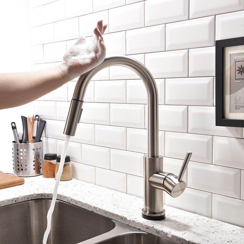 Forious Assistive Touch Kitchen Faucets with Pull Down Sprayer, Single Handle Kitchen Sink Faucets, Brushed Nickel
