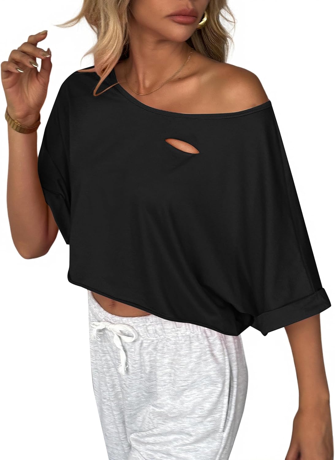 Avanova Women Off The Shoulder Crop Tops Distressed Ripped Batwing Short Sleeve Oversized Tee T-Shirt - Image 5