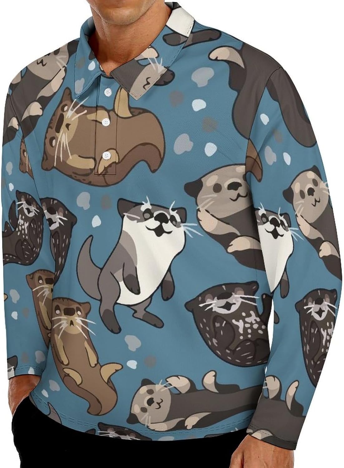 Cute Otters Men's Polo Shirts Long Sleeve Jersey Golf Regular Fit Button Closure