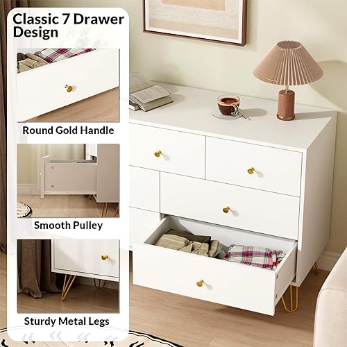 Miniatura 20 de Cómoda Blanca para Dormitorio, Cómoda de 6 Cajones con Manijas Doradas, Gabinete de Almacenamiento Grande, Organizador Moderno de Cajonera para