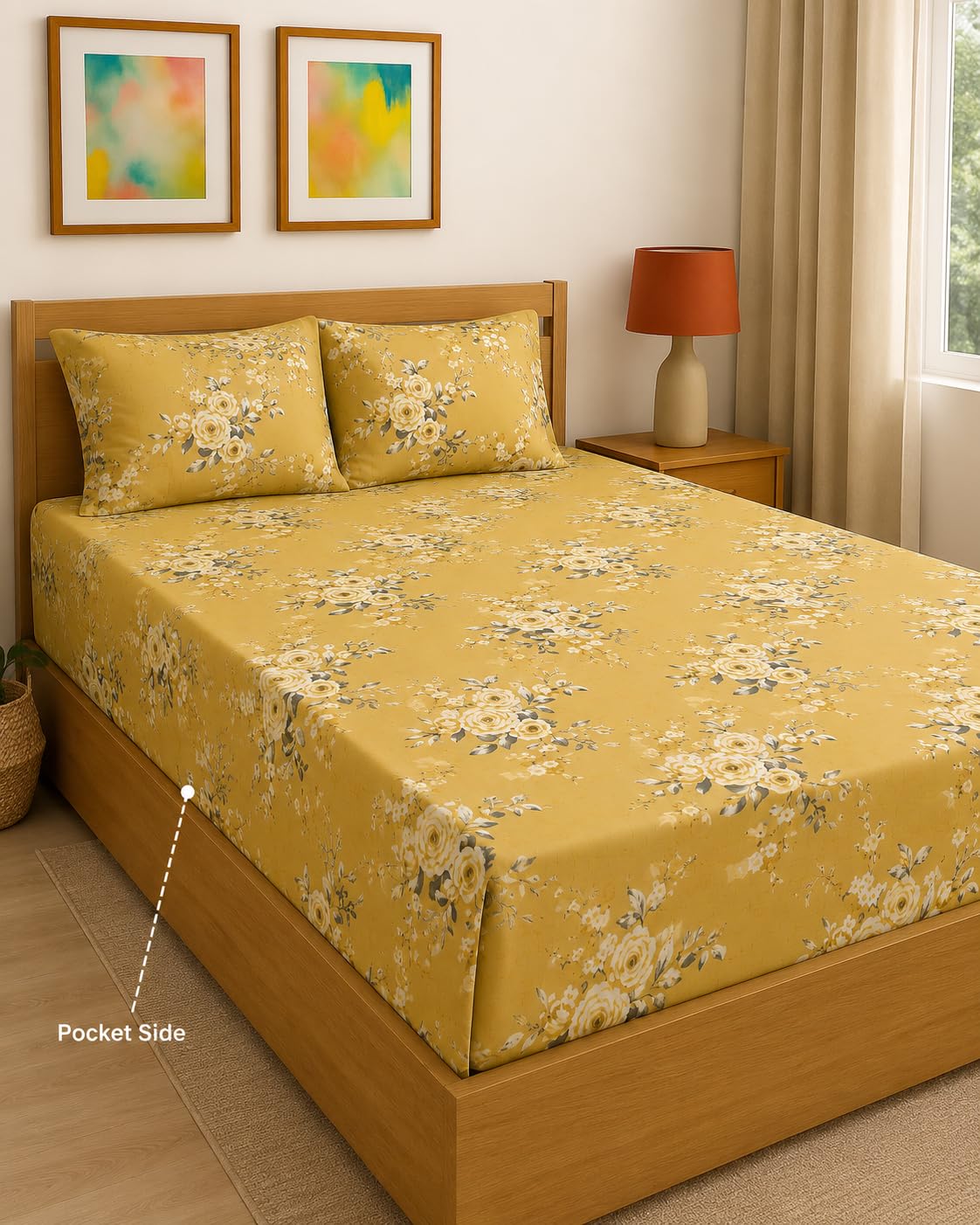 Yellow Golden Floral Print Double Size Fitted Bedsheet with Elastic | Soft Glace Cotton Bed Sheet Set with 2 Pillow Covers | 48x75 Inch | Fits Up to 10 Inch Mattress | 200 TC Printed Bedsheet-image-25