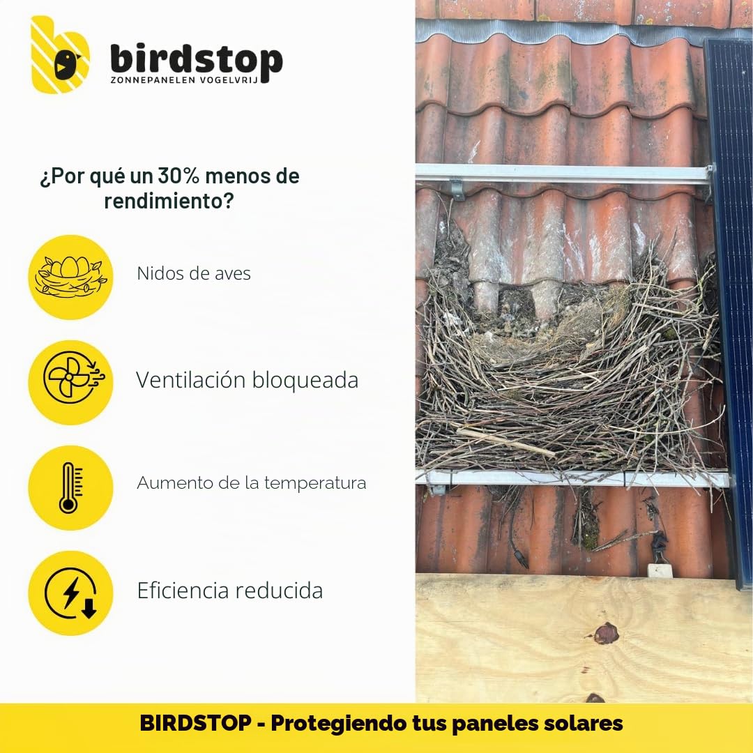 Set de protección solar Birdstop XL, sistema de energía fotovoltaica para repeler palomas - Protección solar contra aves y palomas - 30 metros, 18 cm de altura, 4 piezas de esquina y fijación