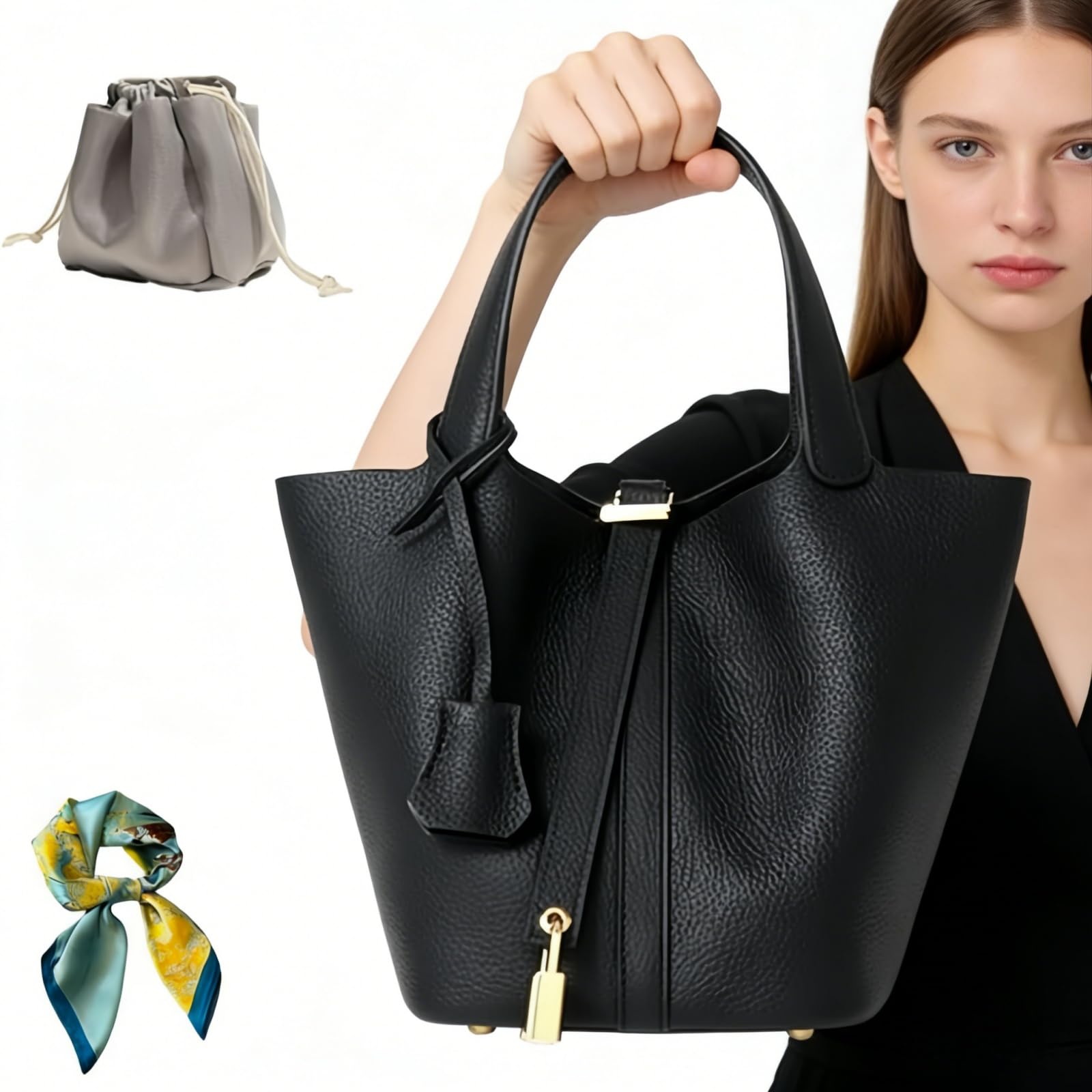 Bolso de piel auténtica para mujer: bolso de hombro con diseño de cerradura, versátil y asa superior, cesta de verduras de moda