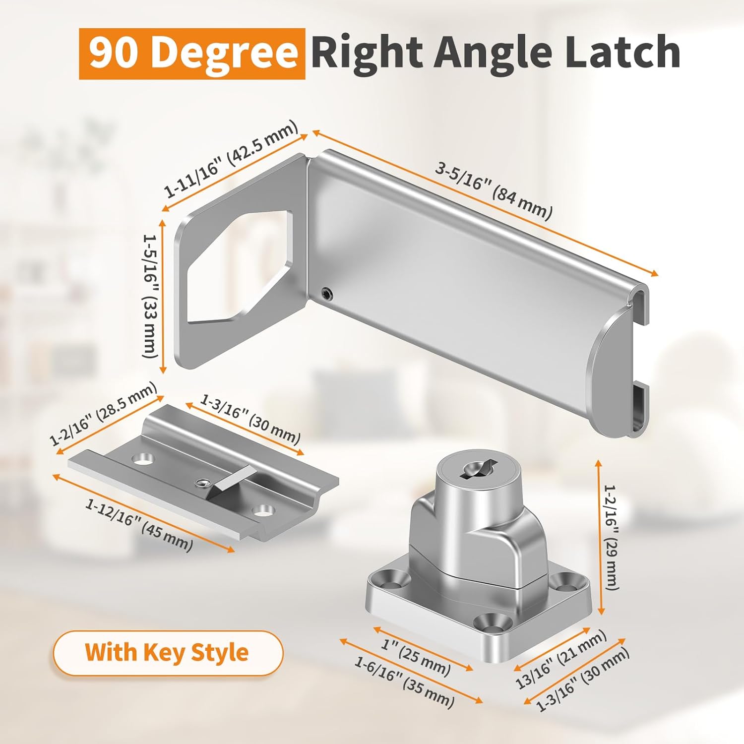 90 Degree Sliding Door Lock, Security Right Angle Hasp Latch Lock, Gate Latch Fit for Barn, Garden, Fence, Patio (Silver, 3.3 in with Key-2 Pcs)
