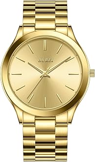 BUREI Mens Minimalist Watch Black Large Face Rose Gold Hands Silver Stainless Steel Mesh Band