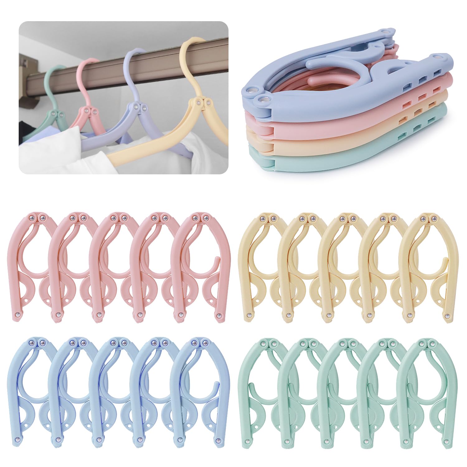 20PCS Folding Clothes Hangers Travel Hangers Travel Portable Plastic Coats Hangers Space Saving for Hotel Camping Holiday Travel Accessories Home Cruise Essentials (4Colors)