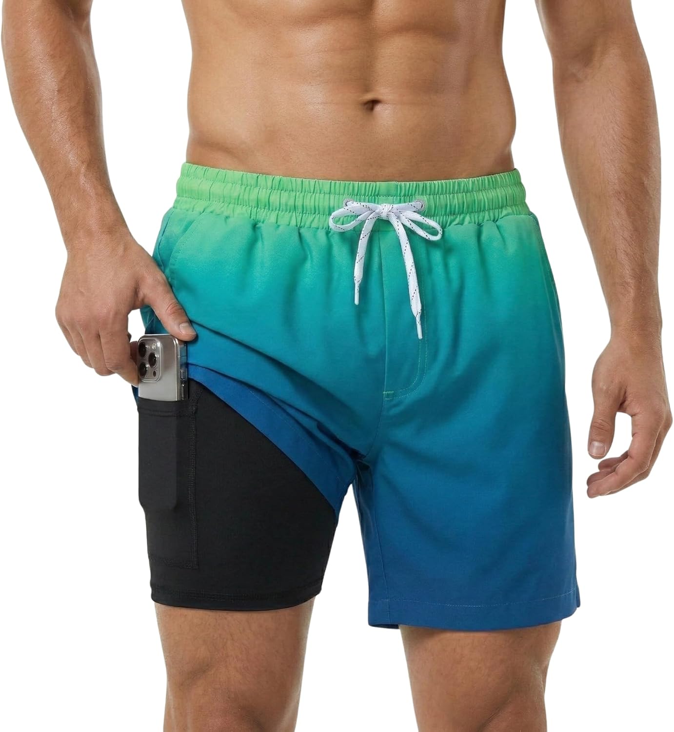 Rokka&Rolla Men's Swim Trunks with Compression Liner 7" Stretch Quick Dry Board Shorts