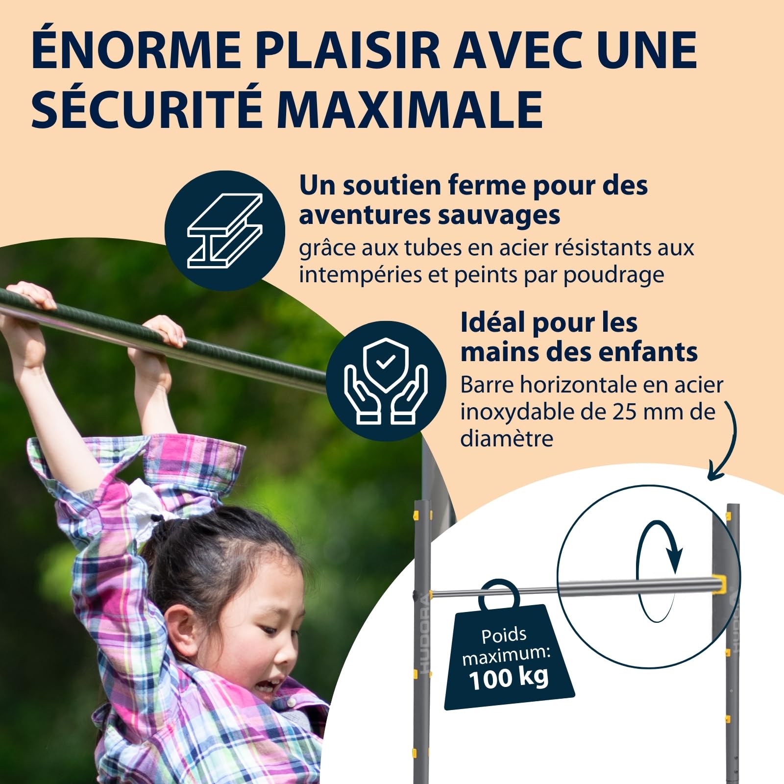 HUDORA Barre de gymnastique Fabian Standard/Pro - Barre simple/double d'extérieur pour enfants & adultes - Barre de fitness résistante réglable en hauteur sur 4 positions - Charge max. 100kg