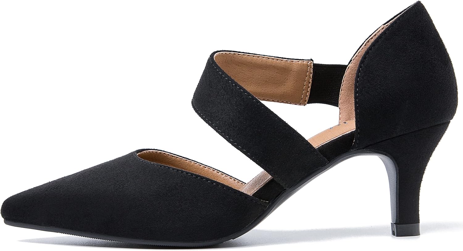 Women's Pointed Toe Kitten Heel Pumps, Elastic Strap Dress Shoes, Slip On Professional Office Wear