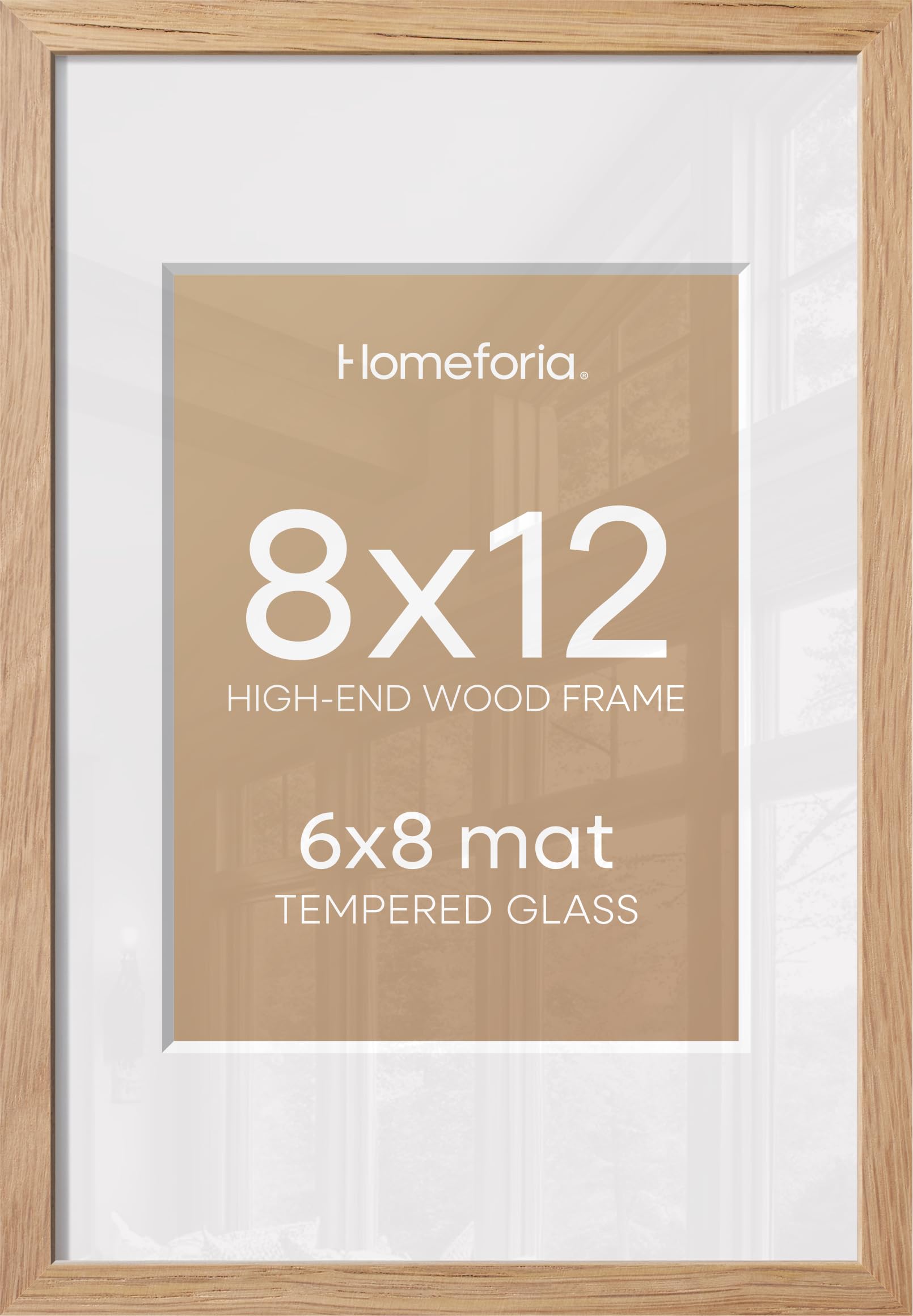 Homeforia 8x12 Natural Oak Picture Frame, High-End Wood, 6x8 Mat, Glass | High End Solid Oak Wood, Tempered Glass, Acid-Free 6x8 Removable Mat, 8x12 Edge-to-Edge Display 12x8, Wall Kit, Set Of 4