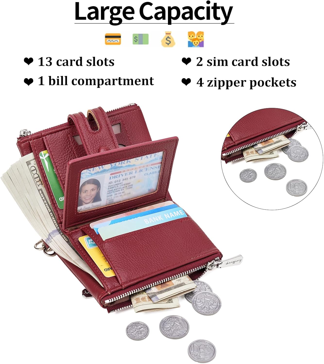 Small Women's Wallet Bifold Card Holder with 2 Zipper Coin Pockets Chain Wallet for Women Soft Leather - Image 2