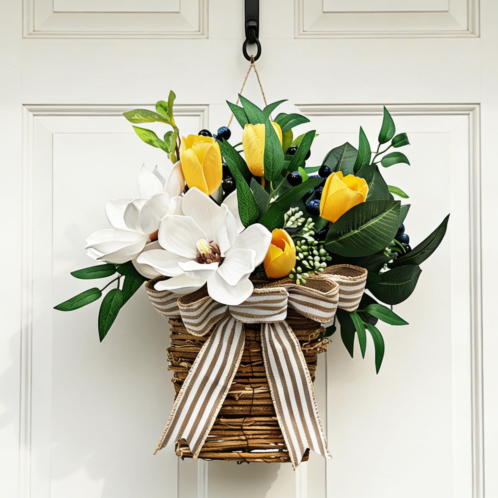 Generic Kosz na Sztuczne Kwiaty do Rustykalnego Wystroju Domu, żywe żółte Tulipany i Eukaliptus do Zawieszenia na Drzwiach Wejściowych, 14 "x 13" w Stylu Wiejskim (Dekoracja kosza kwiatowego)