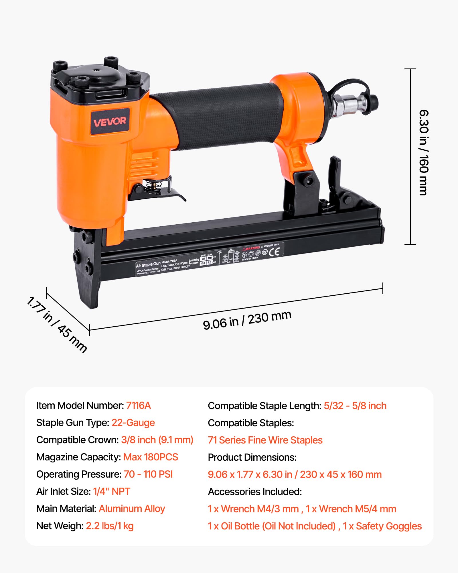 VEVOR Druckluftnagler, Drucklufttacker für Feindrahtklammern der Serie 71, 9,1 mm Krone, 4–16 mm Länge, 70–110 PSI, Druckluft Nagelpistole für Holzarbeiten, Polsterarbeiten, Heimwerkerprojekte