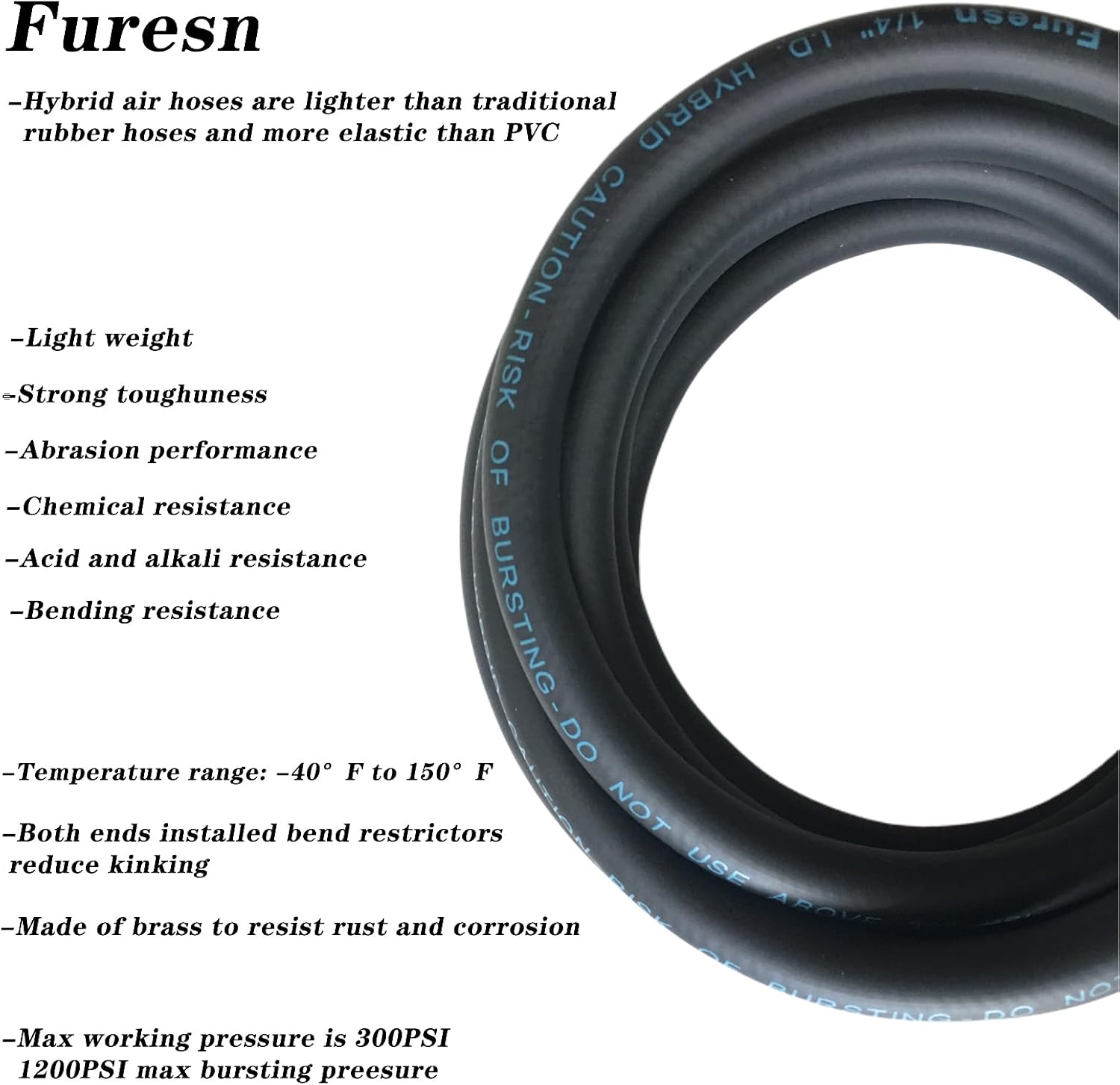 Air Hose 1/4 in x 10 ft, Heavy Duty, Lightweight, Kink Resistant, Hybrid Air Compressor Hose with 1/4 in Solid Brass Male Fittings, Bend Restrictors, 300 PSI (10FT, Black)