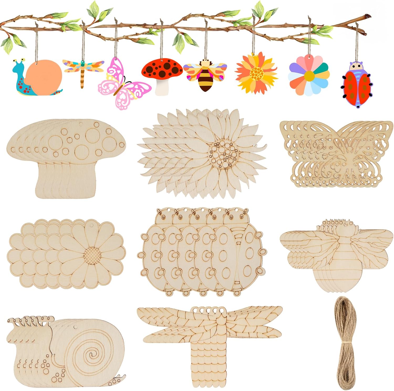 Tikplus Wooden Pendants for Painting, 40 Pieces Craft Set Children's Wooden Animals Wooden Flowers, 8 Styles Wood for Crafts with Hole and String for DIY Children Painting Craft Decoration Children's