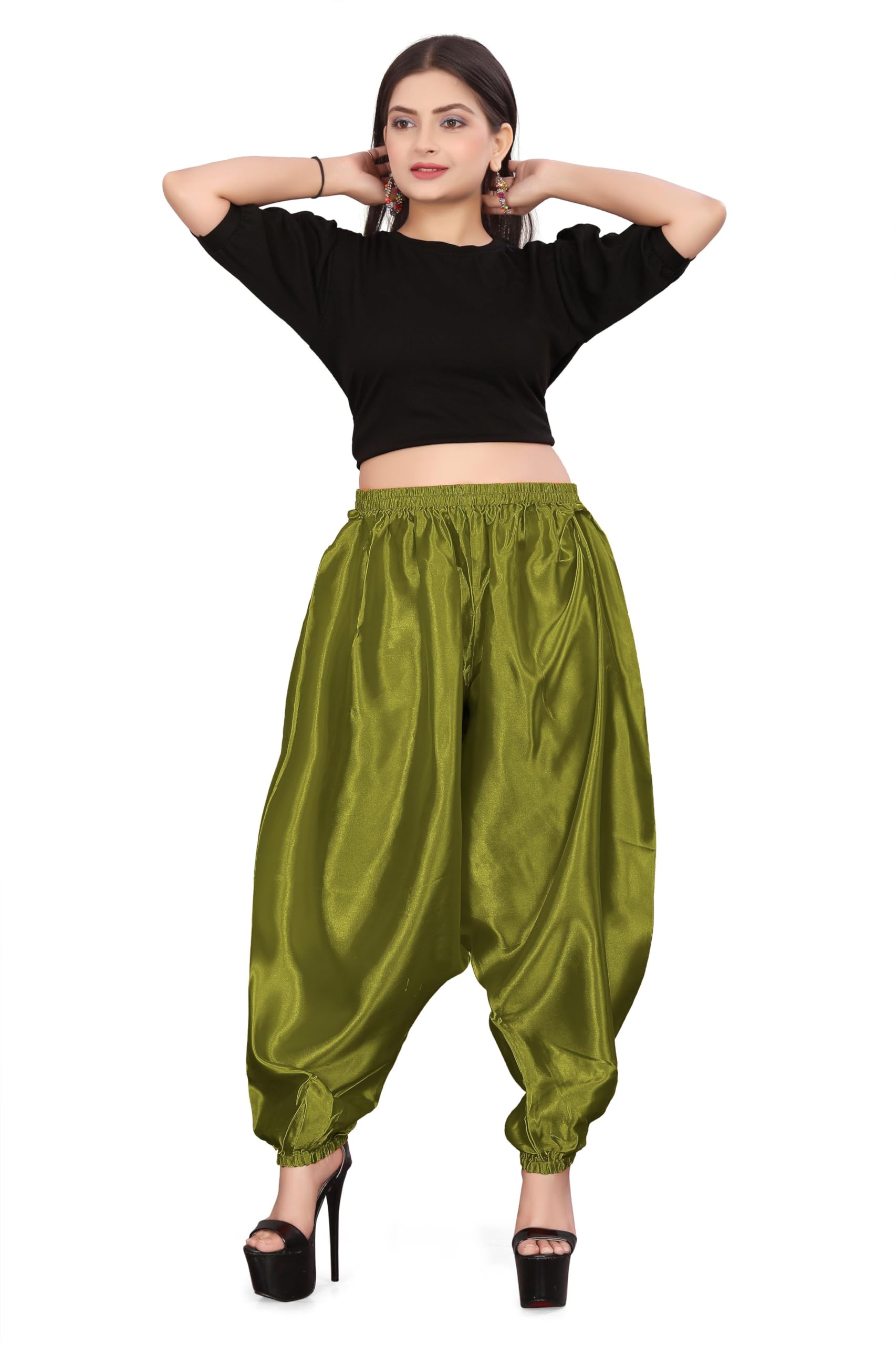 MEEK MERCERY BY KF Satin Belly Dance Harem Boohoo Pant – Elastic Waist, S to 5XL – 41 Colours – Flowing Performance Costume for Stage, Bollywood, Cosplay, Festival & Lounge Wear Olive Green