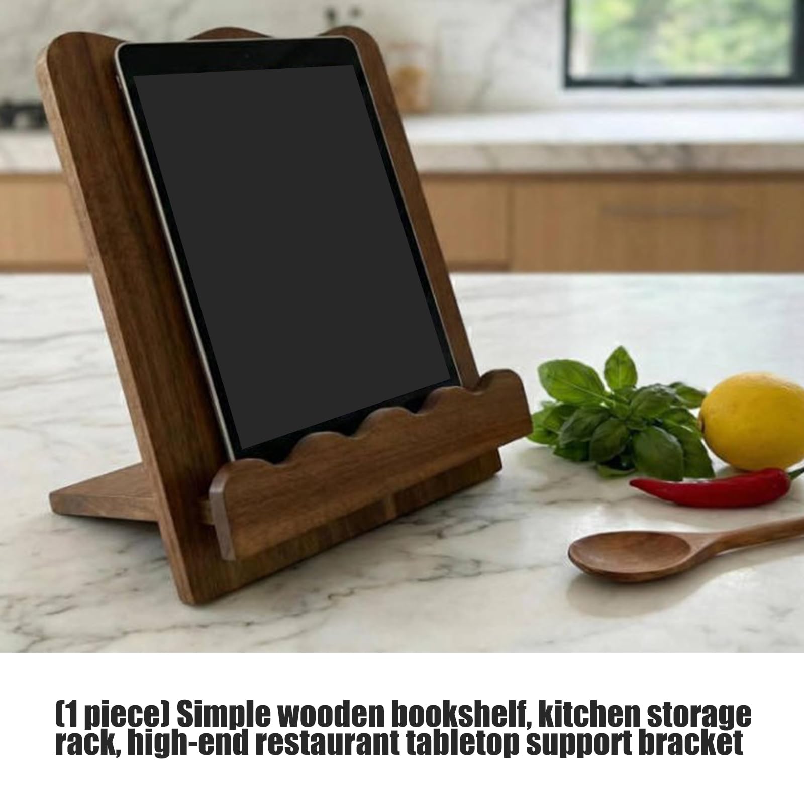 Soporte para libros de escritorio con detalle frontal redondeado, panel de lectura de madera, soporte de labios estable, visualización de recetas abiertas para espacio de trabajo de cocina, área de de