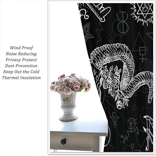 Vista 450 de Cortinas de cabeza de cabra, misteriosa cabeza de cabra malvada, calavera negra, bolsillo para barra, cortinas opacas para ventana, juego de 2