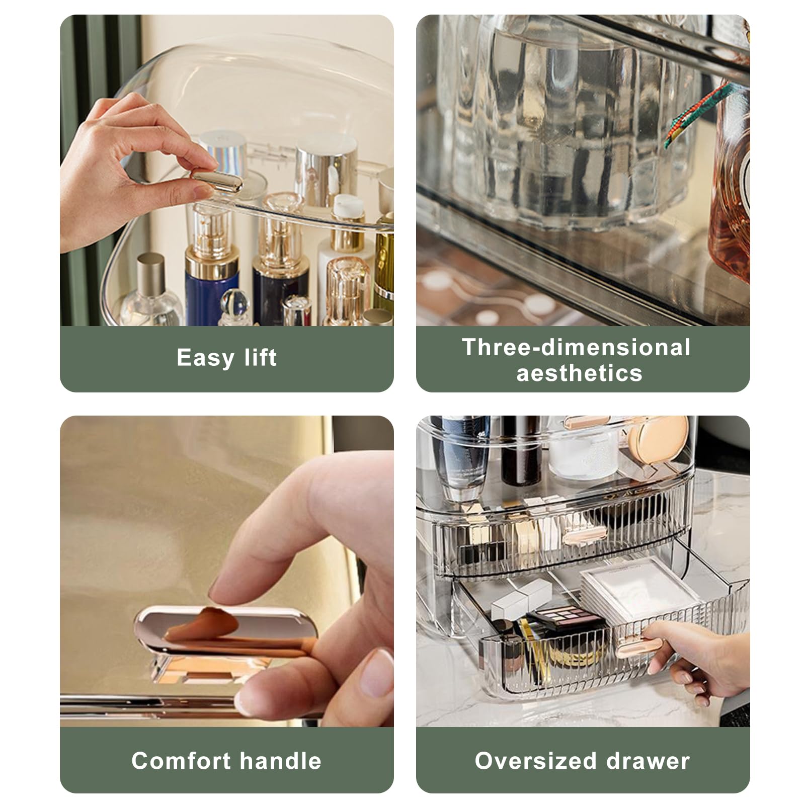 DASITON Großer Make up Kosmetik Organizer mit 2 Schubladen,Staubdichte Kosmetik Aufbewahrung mit Deckel,Cosmetic Skincare organizer für Schminktisch,Badezimmer,Schlafzimmer(Transparent)