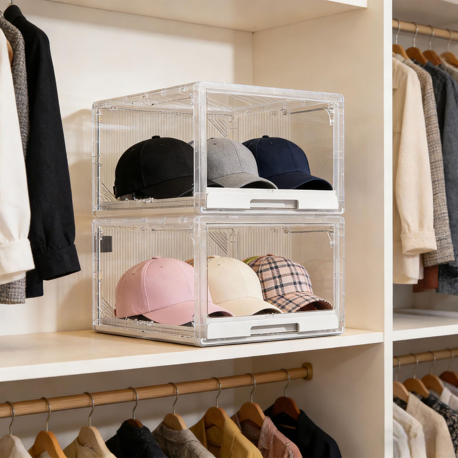 PANGBOER Paquete de 2 cajas de almacenamiento para sombreros de gran capacidad con ventana transparente y bandeja deslizante para exhibir gorras organizadas y