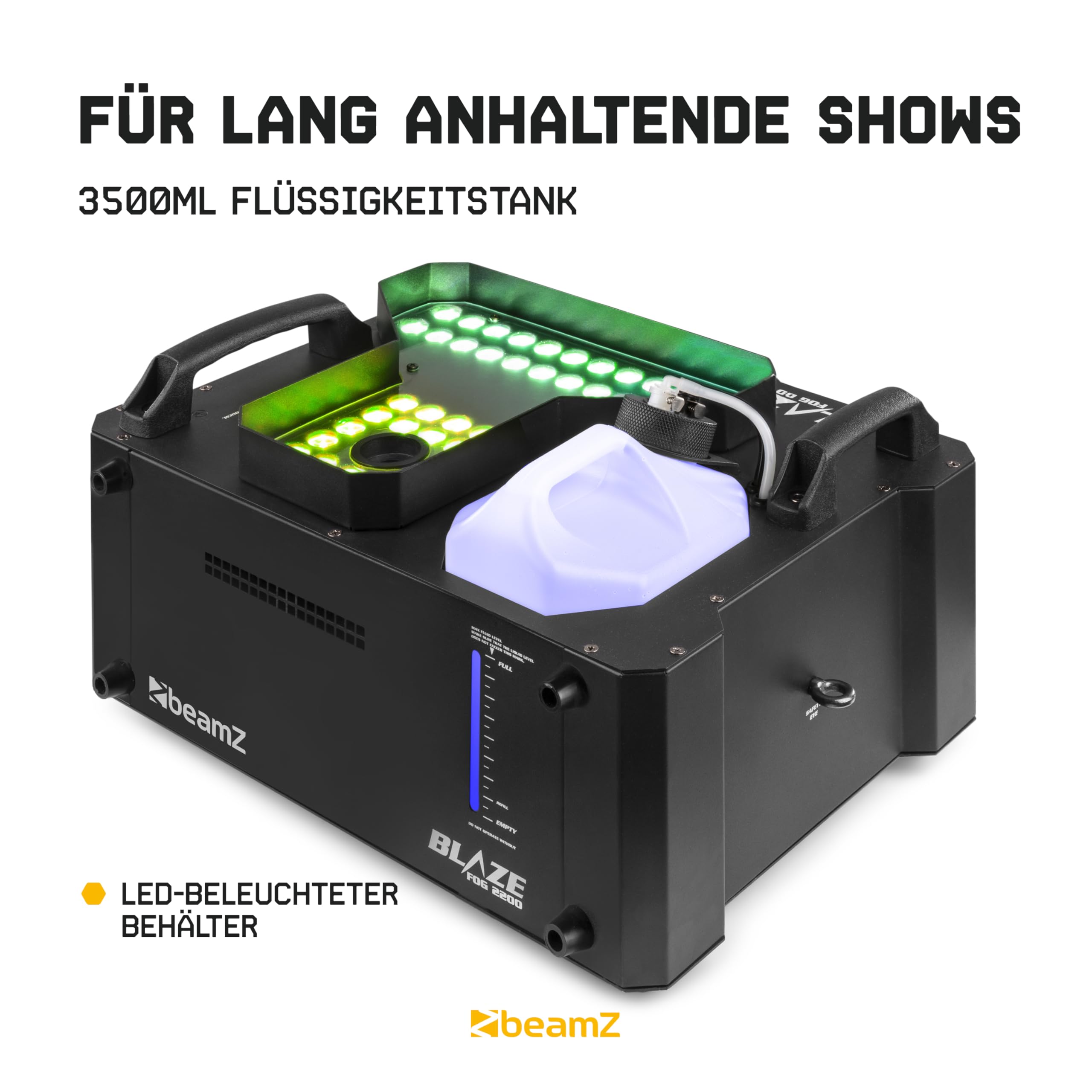BeamZ Blaze2200 - Nebelmaschine mit Lichteffekt 2200 Watt, inkl. 10L Nebelfluid vertikal und horizontal Rauchmaschine mit 24x4W LED Spots, für professionelle Shows, Halloween, Hochzeiten, DJs, Partys